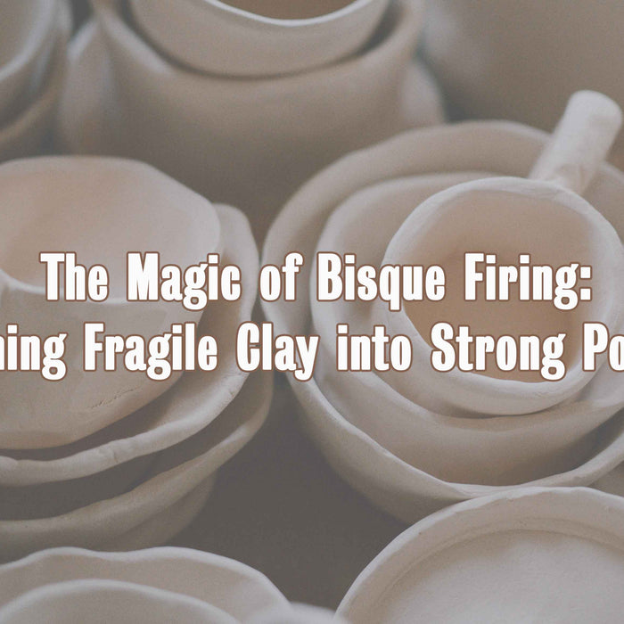 The Magic of Bisque Firing Text on Photo of Bisqued mugs and bowls
