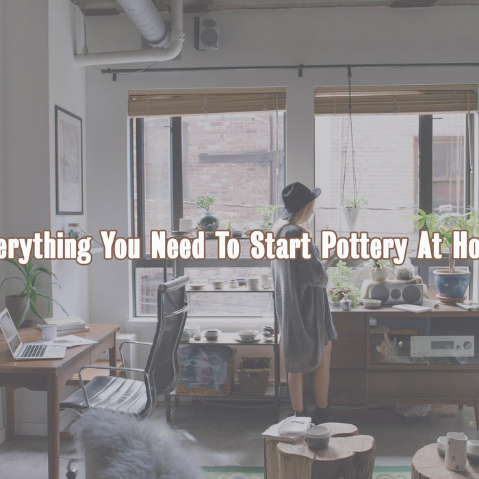 "Everything you need to Start Pottery At Home" Text on Photo of Person in their pottery decorated home