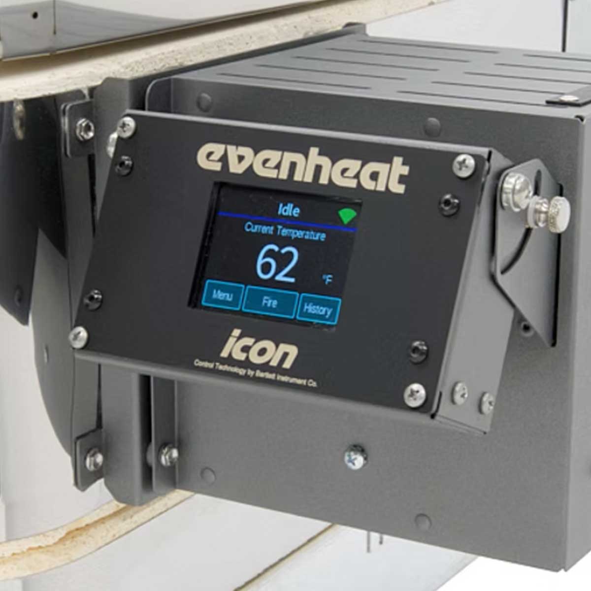 Evenheat Studio Pro 14 Clamshell Kiln View of Controller Swing View Equipped