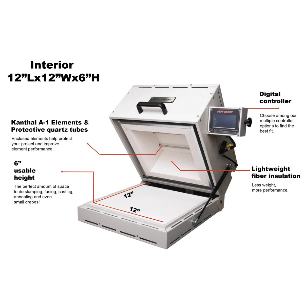 Hot Shot 12G Glass Kiln View of the Dimensions and Interior Features