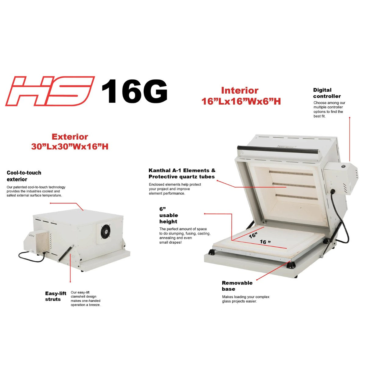 Hot Shot 16G Glass Kiln View of the Dimensions and Kiln Features